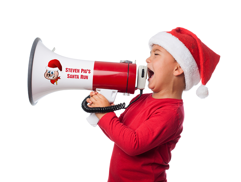 portrait of a little boy wearing a christmas hat and screaming b portrait of a little boy wearing a christmas hat and screaming by megaphone